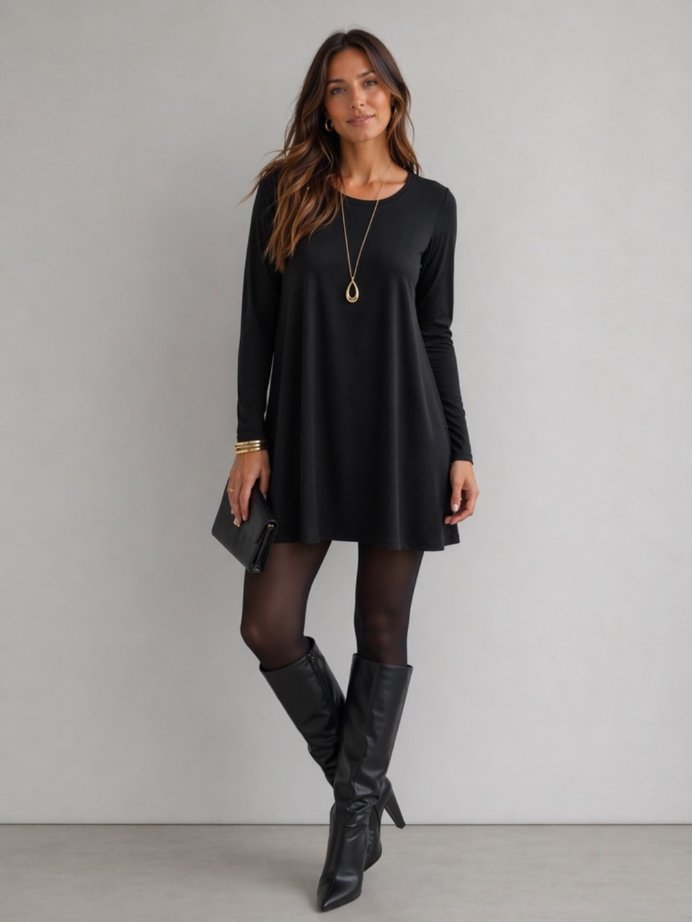 Eileen Fisher Black Long Sleeve‎ Tunic Top Flowy Stretch Minimalist